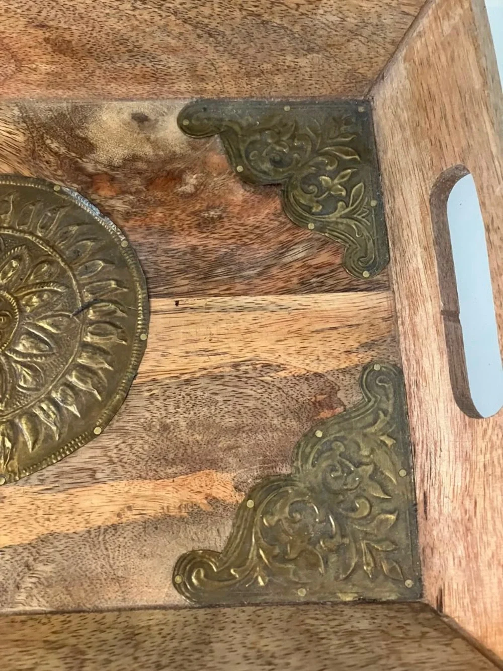 Decorative Wooden Serving Tray with Brass Accents - Brown Home Decor